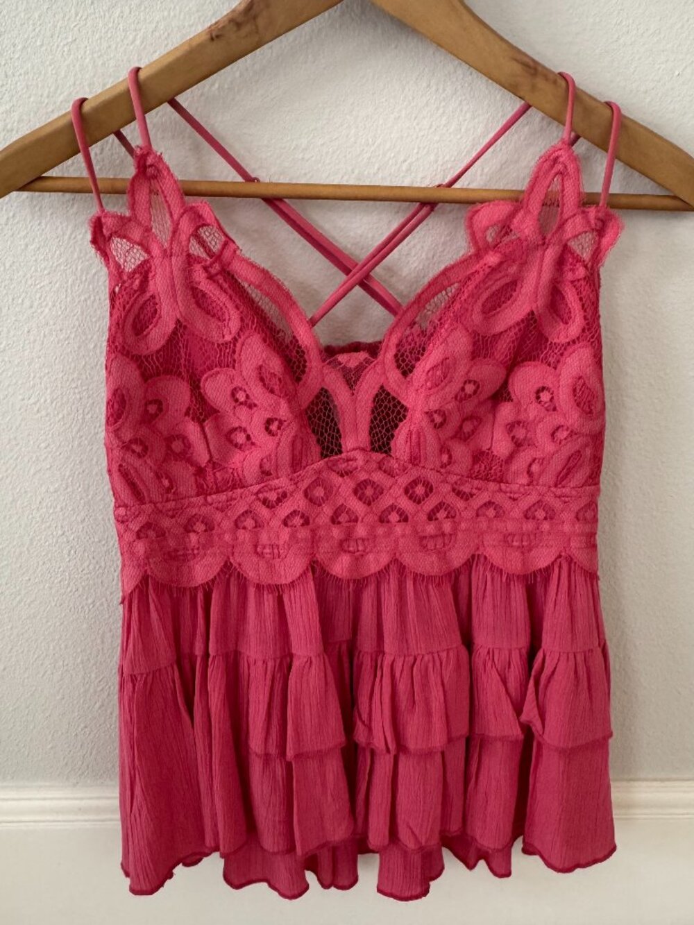 Boho Lace Bodice Tiered Strappy Top | Coral Pink | Size L (Fits like a Small)